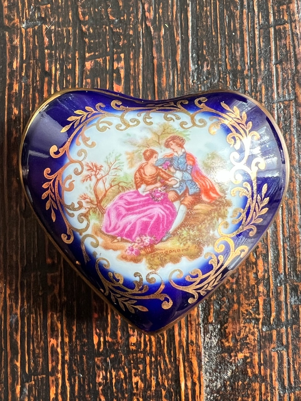 Limoges France Blue & Gold Porcelain Trinket Box Heart Courting Couple